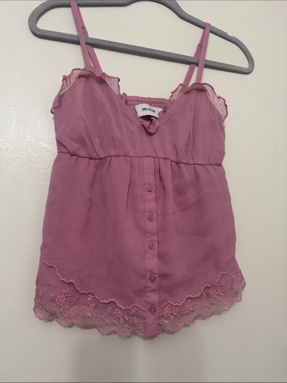 Hollister Pink Spaghetti-Strap Embroidered Hem Cami